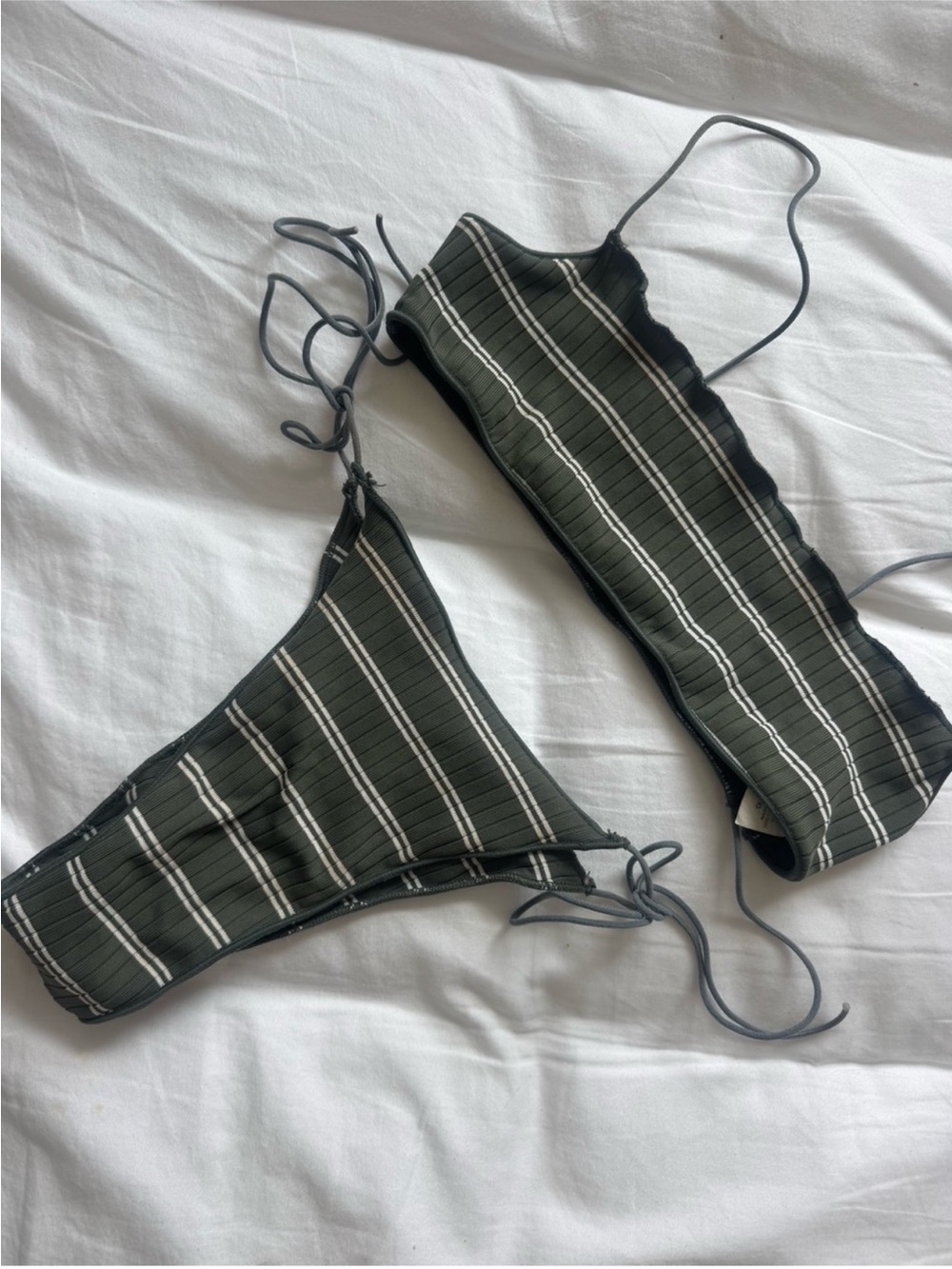 Striped Olive Green Ribbed Bandeau Bikini Set - Women Intimates & Sleepwear